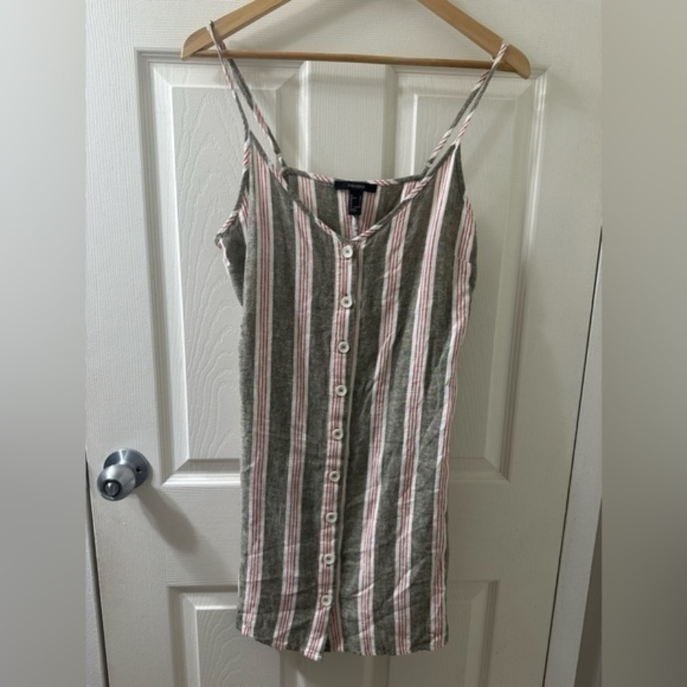 Forever 21 Green & Red Linen Striped Button Down Dress